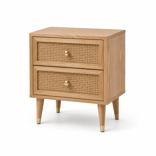 Comodino in Legno con Cassetti in Rattan Naturale