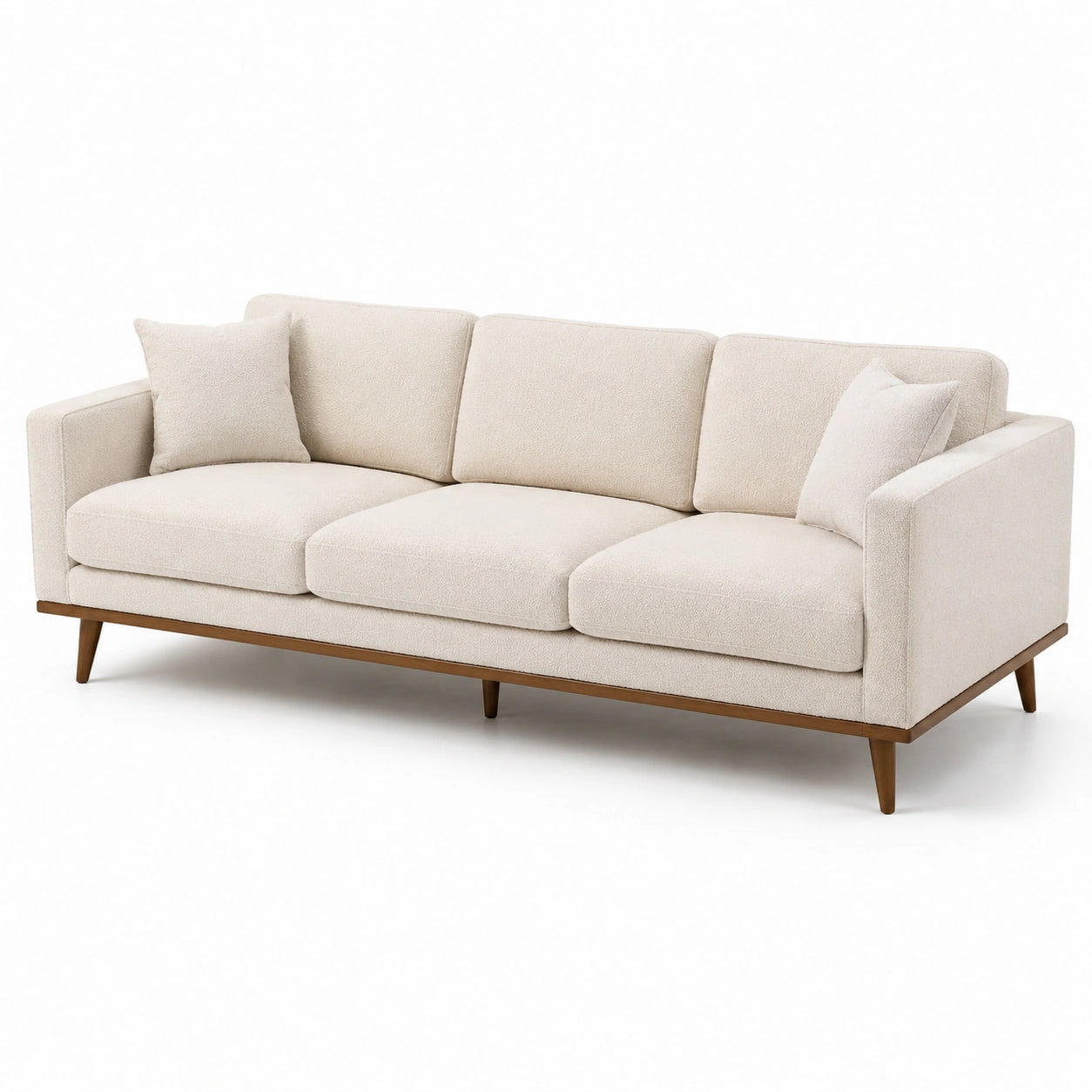 Divano a 3 posti in tessuto poliestere beige con gambe in legno