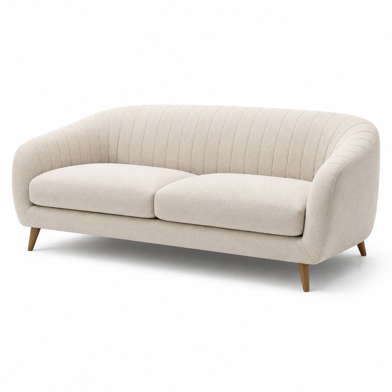 Divano 3 posti in tessuto beige con struttura in legno massello