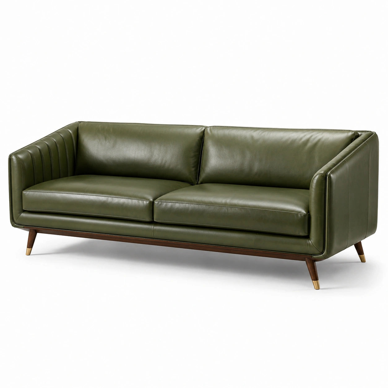 Divano in pelle verde oliva con base in legno