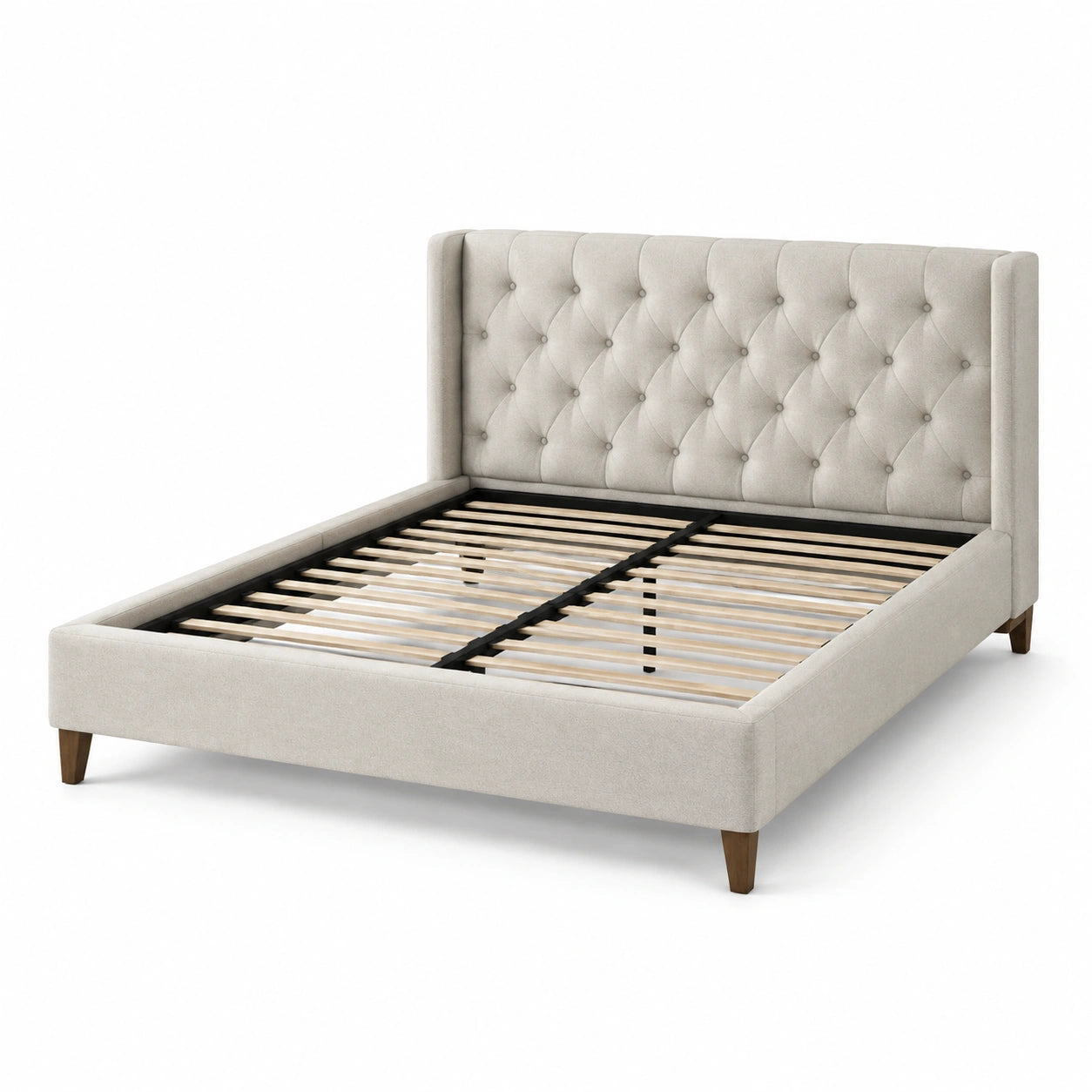 Letto matrimoniale in tessuto beige con struttura in legno