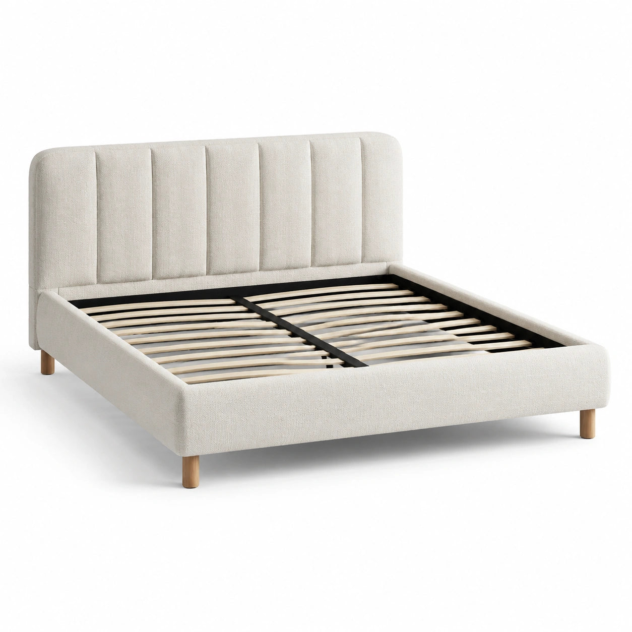 Letto matrimoniale in tessuto beige con struttura in legno massiccio