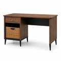 Scrivania in legno di noce con cassetto e cesto in rattan