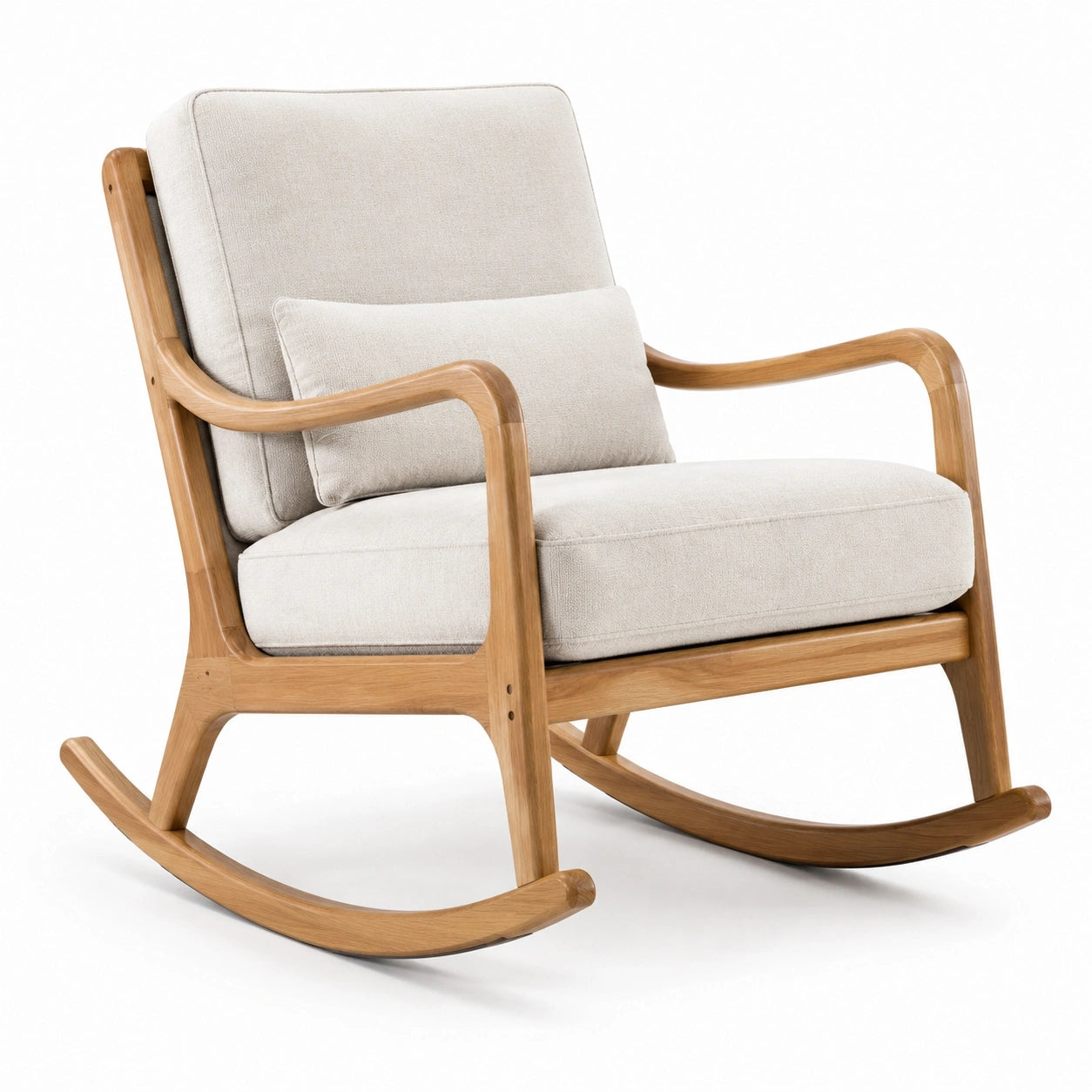 Sedia a dondolo in legno con rivestimento in tessuto beige