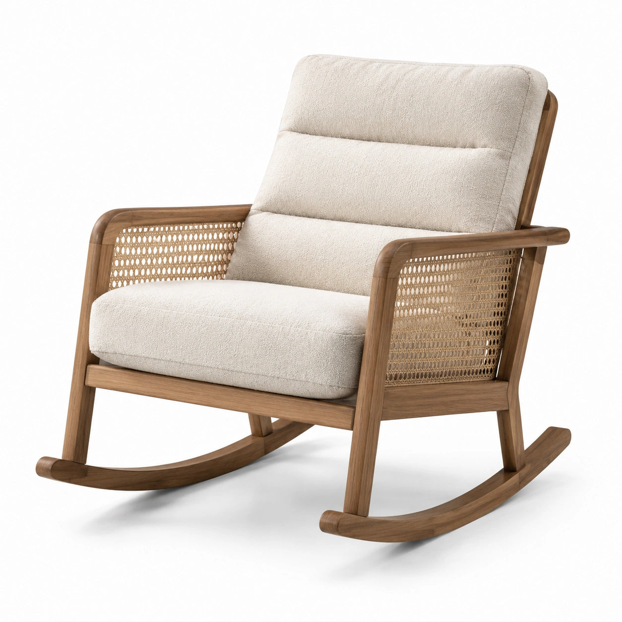 Sedia a dondolo in legno e rattan con tessuto crema
