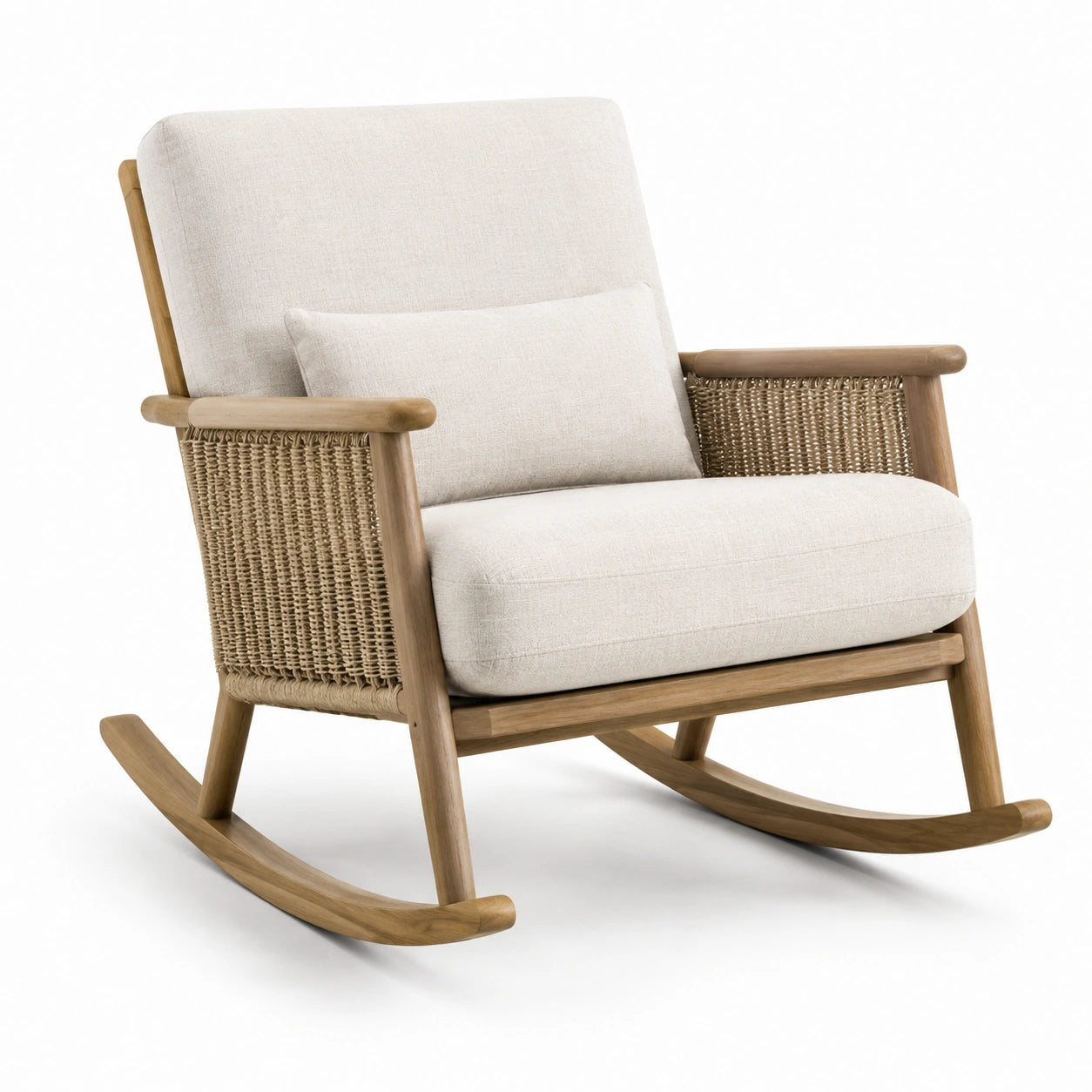 Sedia a dondolo in legno e rattan con rivestimento in tessuto lino beige