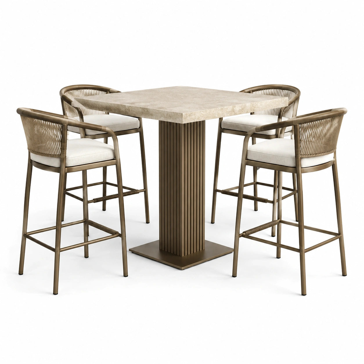 Set da bar con tavolo in pietra e sgabelli in metallo bronzo