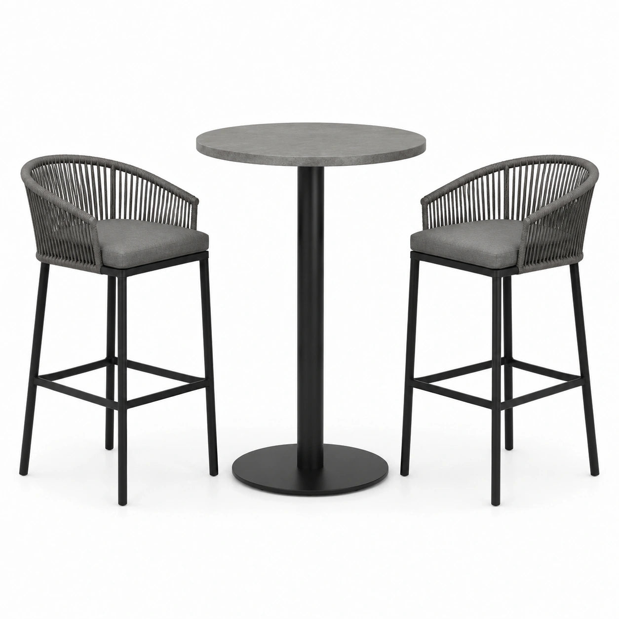 Set da bar in metallo e corda con due sgabelli grigio e nero